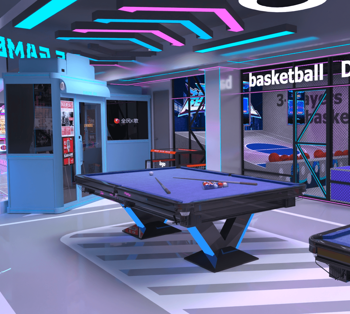 Blue-felt billiards table in a neon-lit hall with basketball arena behind