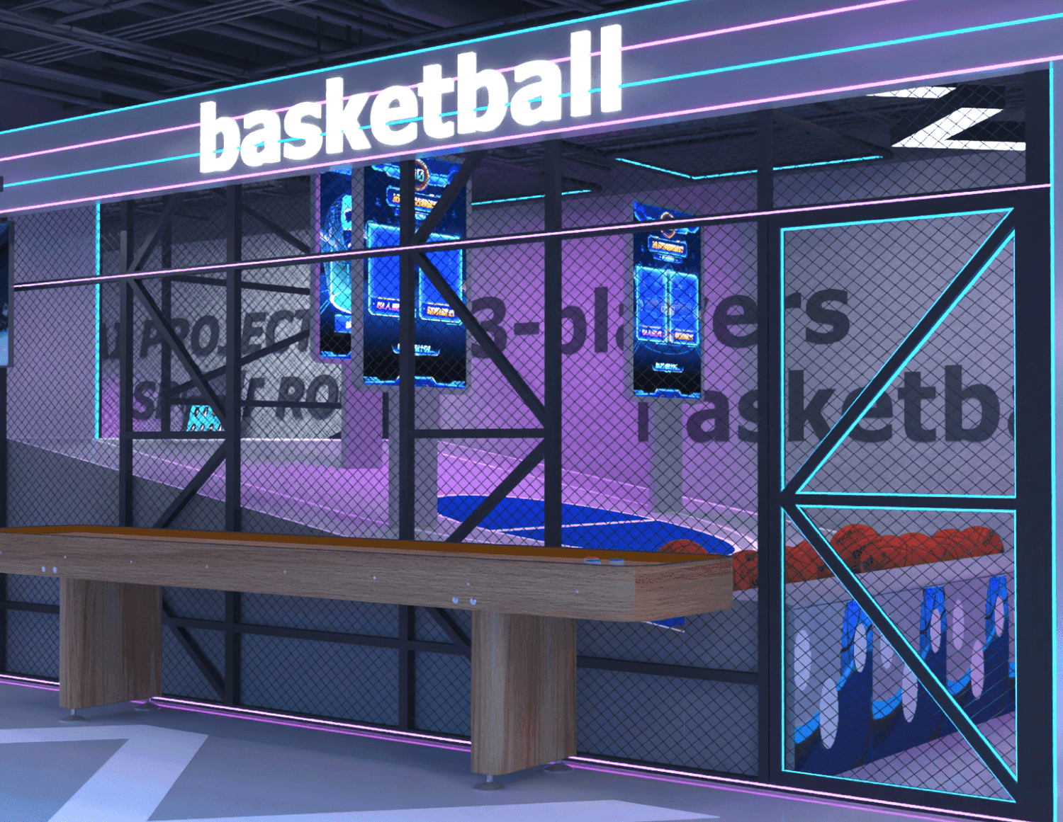 Two-player basketball arcade with neon basketball signage