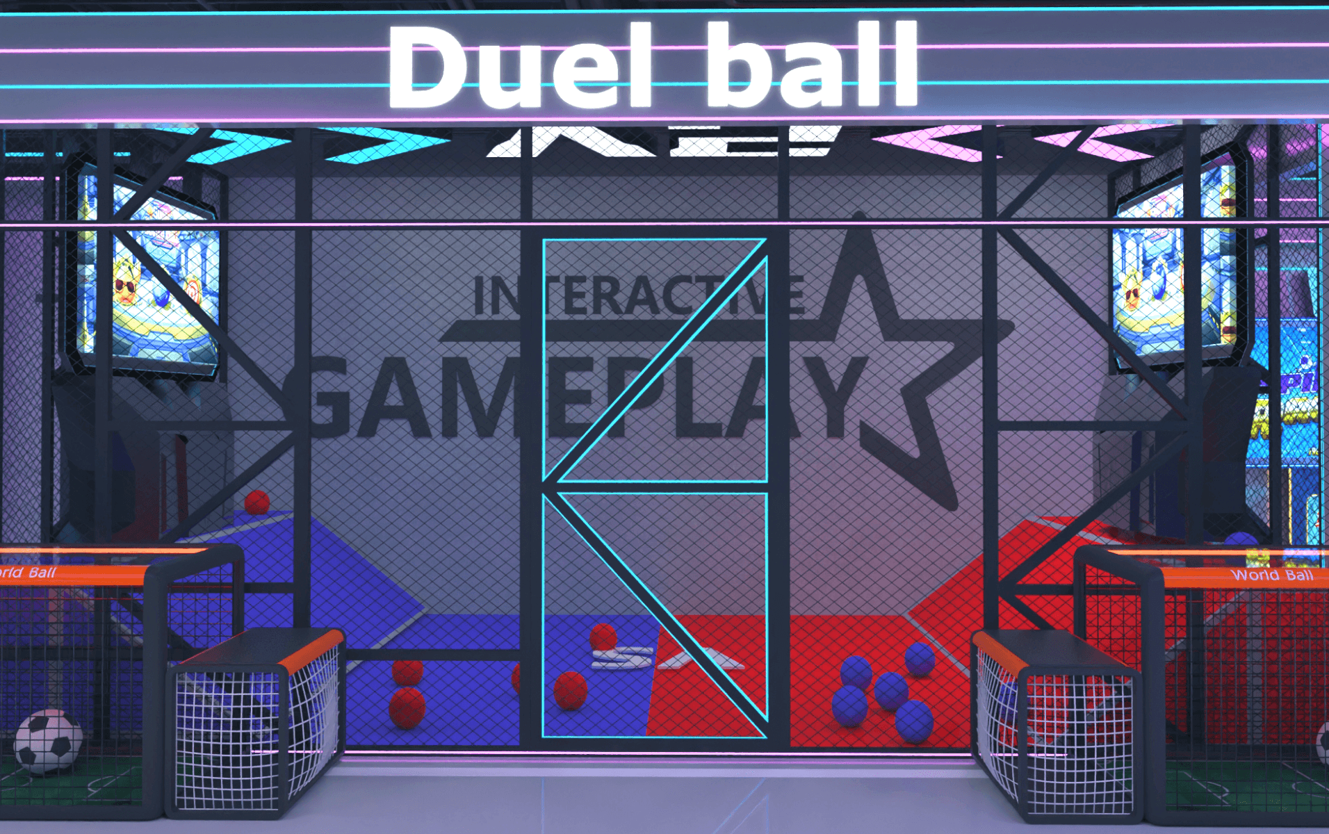 Duel Ball arena with two goal cages, mesh walls and pink-blue lighting