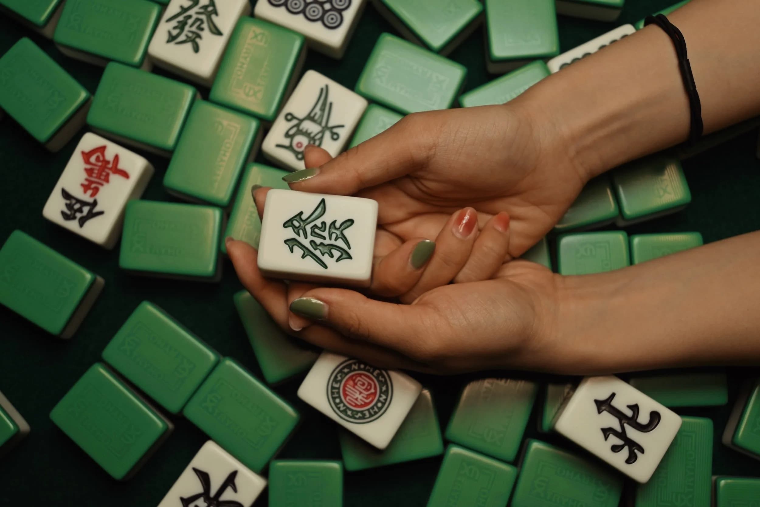 Hands holding a mahjong tile over a green felt table