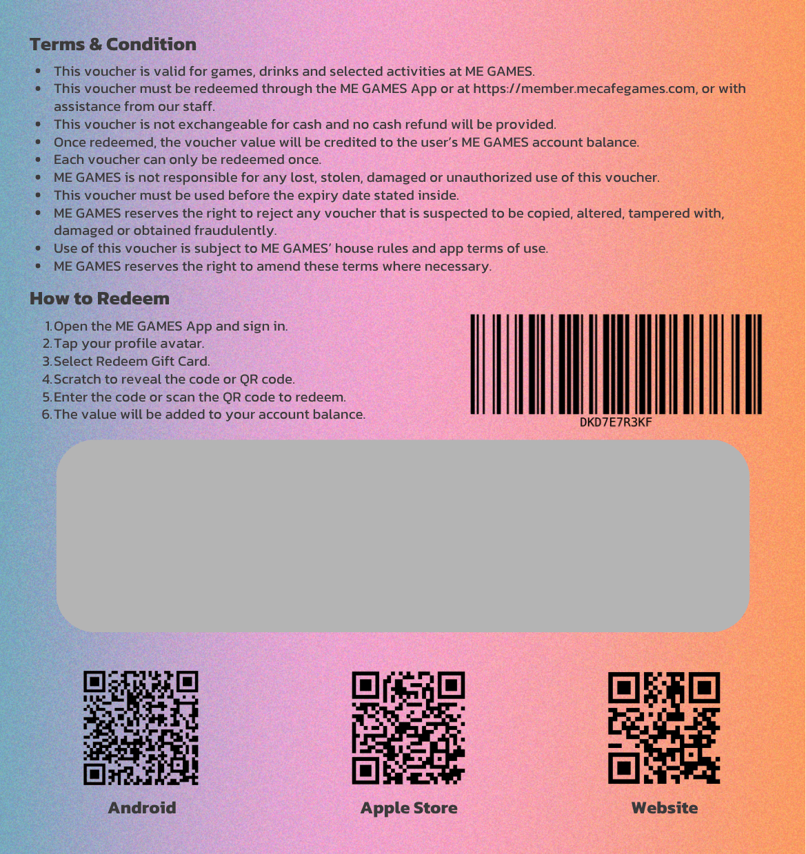 ME Games gift card — back