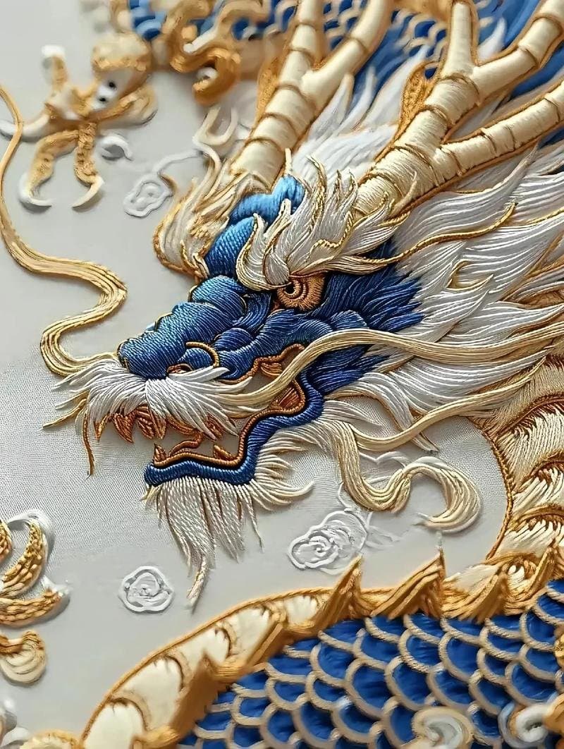 Traditional Han embroidery panel of a blue and gold dragon on silk