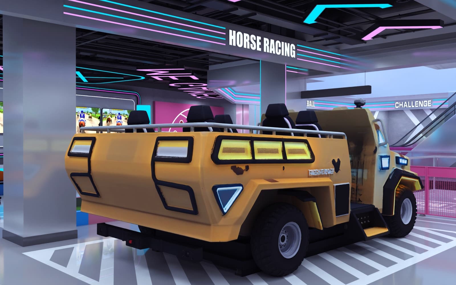 Open-top VR assault vehicle motion ride under the Horse Racing sign