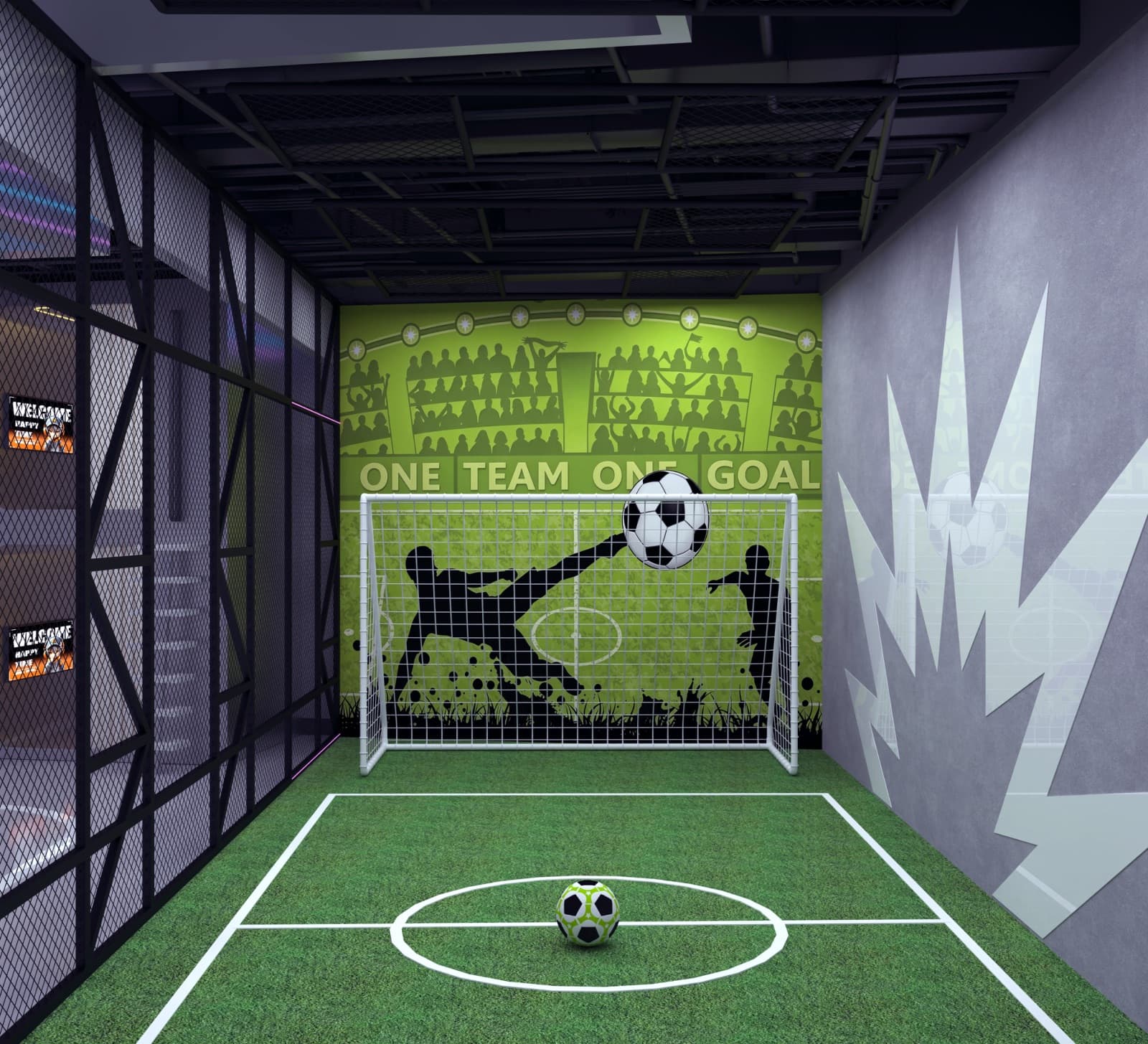 Indoor football cage with turf pitch, goal and stadium mural