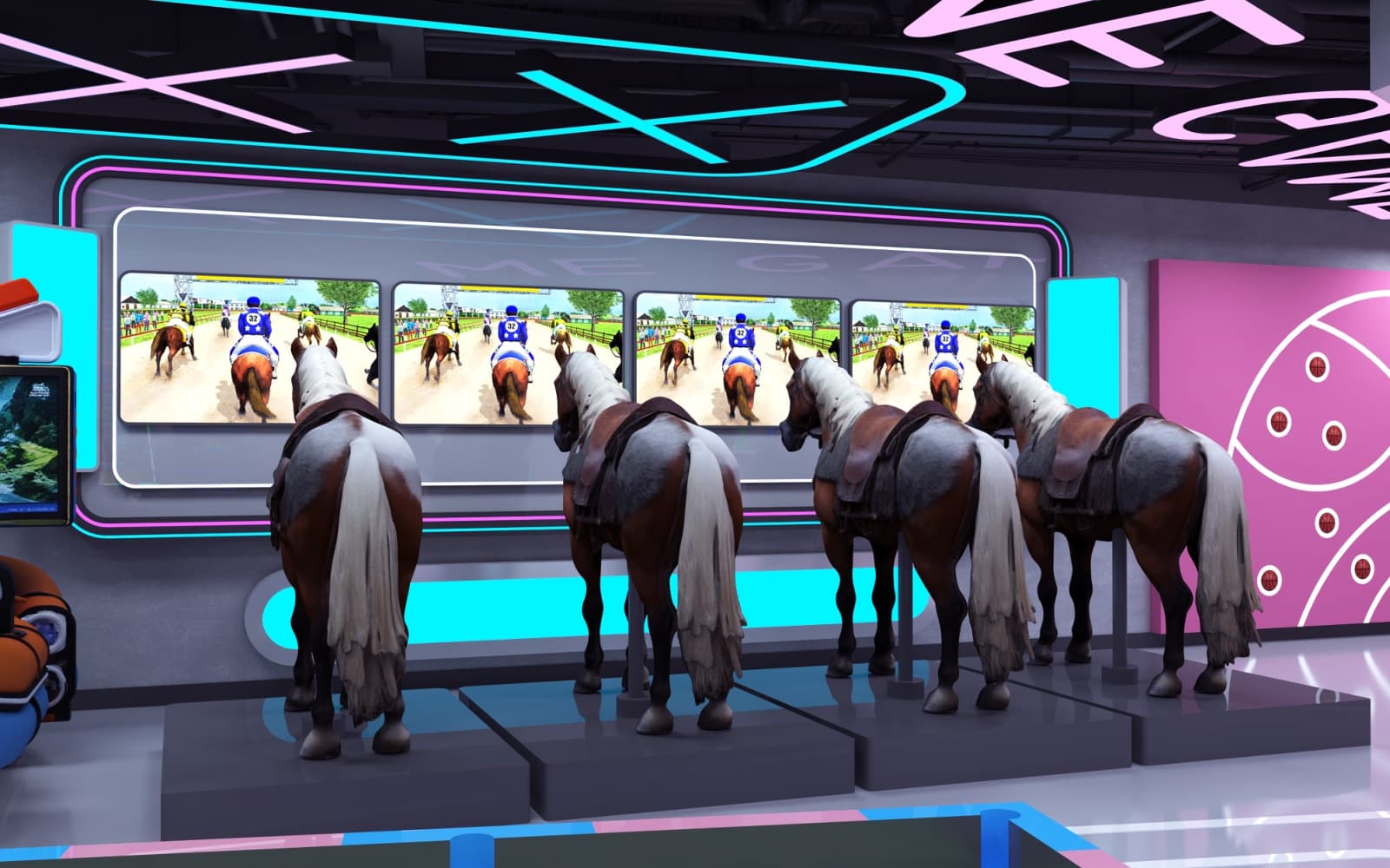 Four ride-on horse racing simulators facing race screens