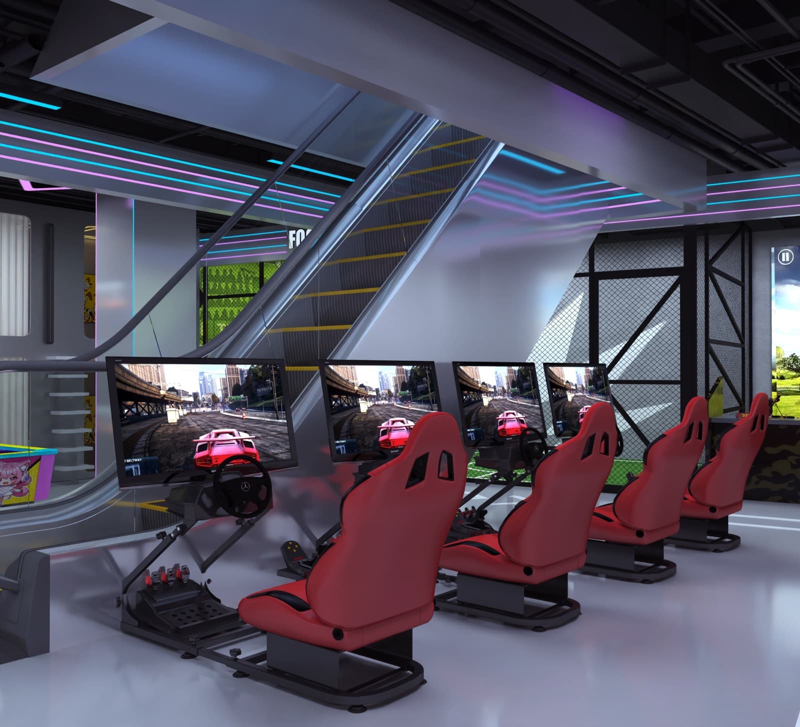 Row of four racing simulator seats with steering wheels and screens