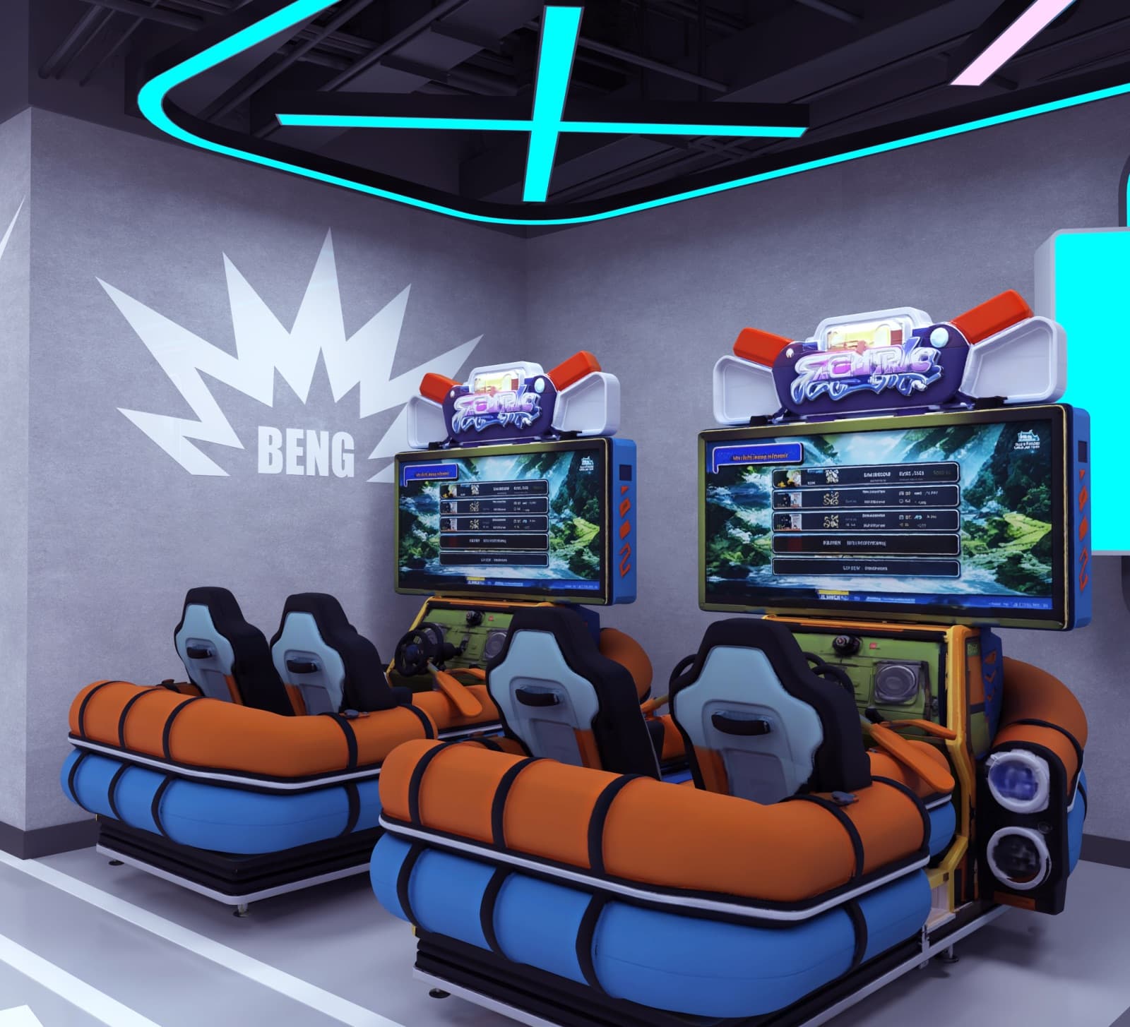 Two inflatable raft motion simulators in front of big screens
