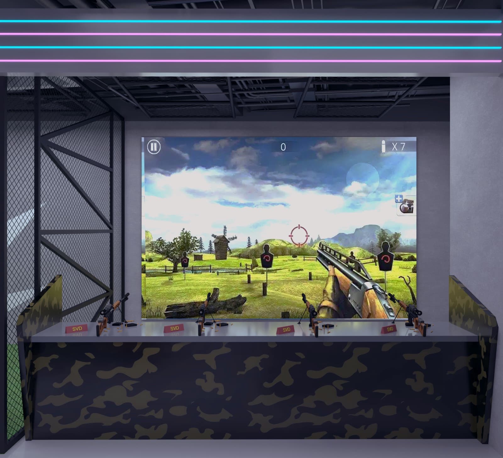 Four-lane shooting simulator range with mounted rifles facing a big game screen