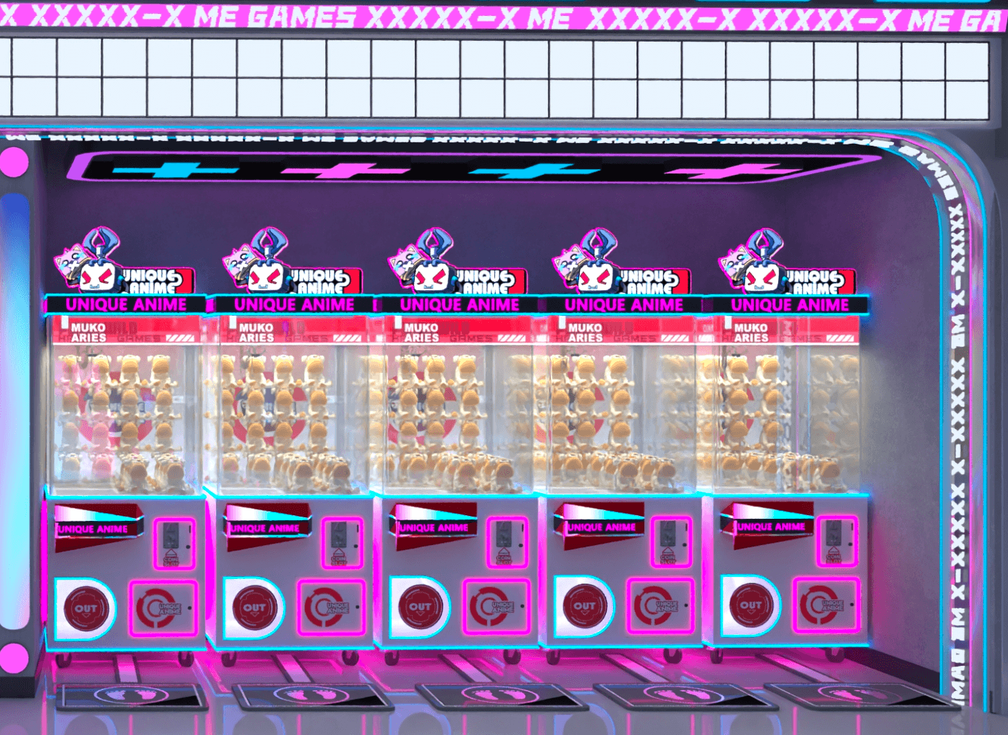 Row of UNIQUE ANIME Catch-a-toy machines lined up against a neon backdrop