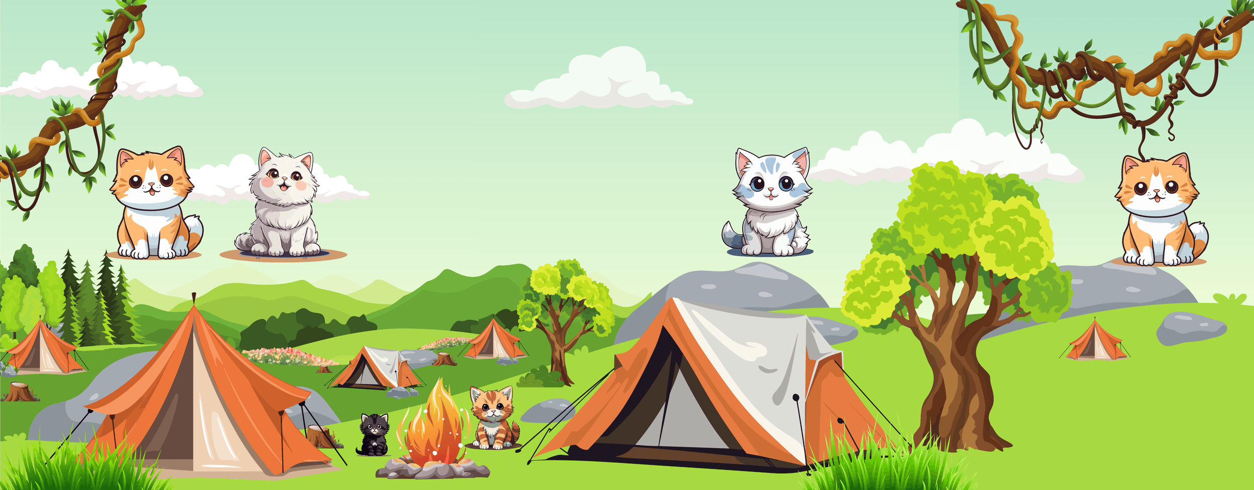 Cartoon camping scene with tents, trees, cats and a campfire