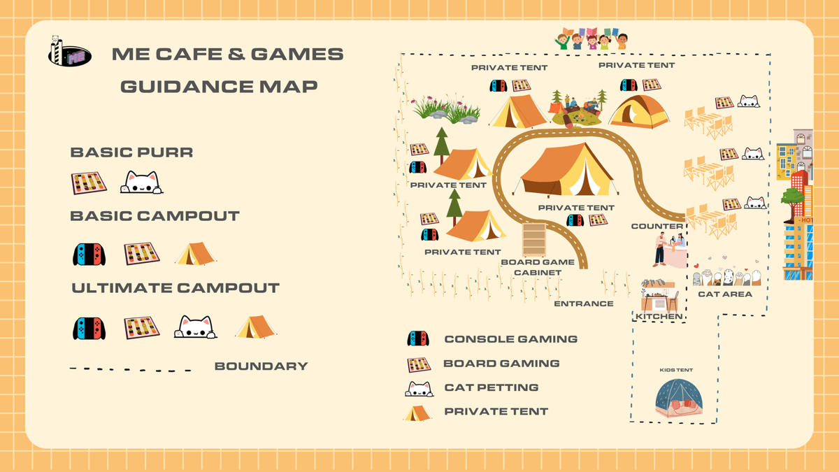 Orchard Gateway floor plan showing Basic Purr, Basic Campout, Ultimate Campout zones, board gaming, console gaming and private tents