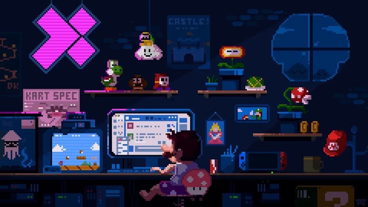 Pixel art gaming room with posters, shelves of Mario figures and a player at a desk